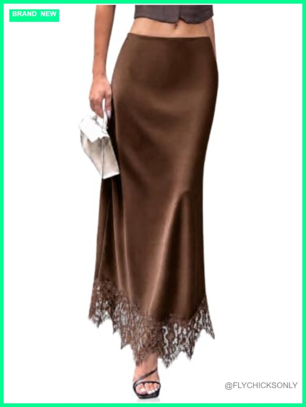 Womens Satin Maxi Skirt High Waisted Lace A-Line Flowy
